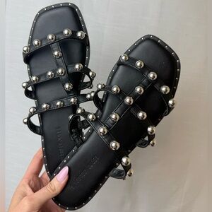 Sincerely Jules Black Studded Strappy Flat Sandals - Women's